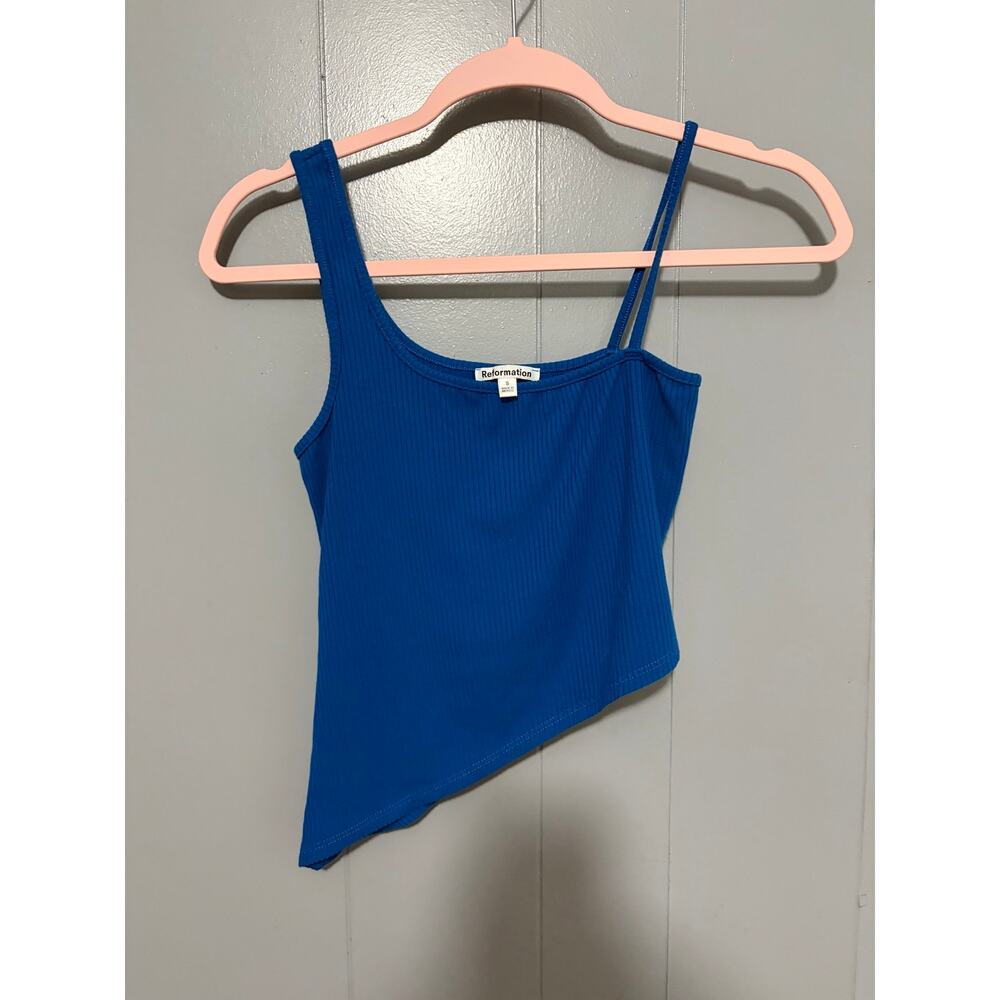 Reformation Blue Ribbed Tencel Blend Asymmetrical Casual Crop Tank Top S